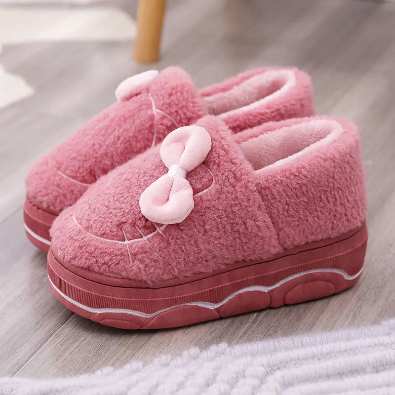 Pantuflas de invierno con plataforma de piel y lazo para mujer