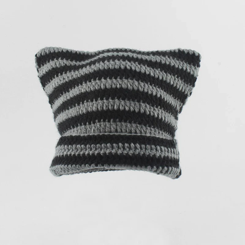 Gorro de punto a rayas, acogedor, con orejas de gato, esencial