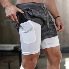 Pantalones cortos de secado rápido para fitness, running y entrenamiento 2 en 1 para hombre