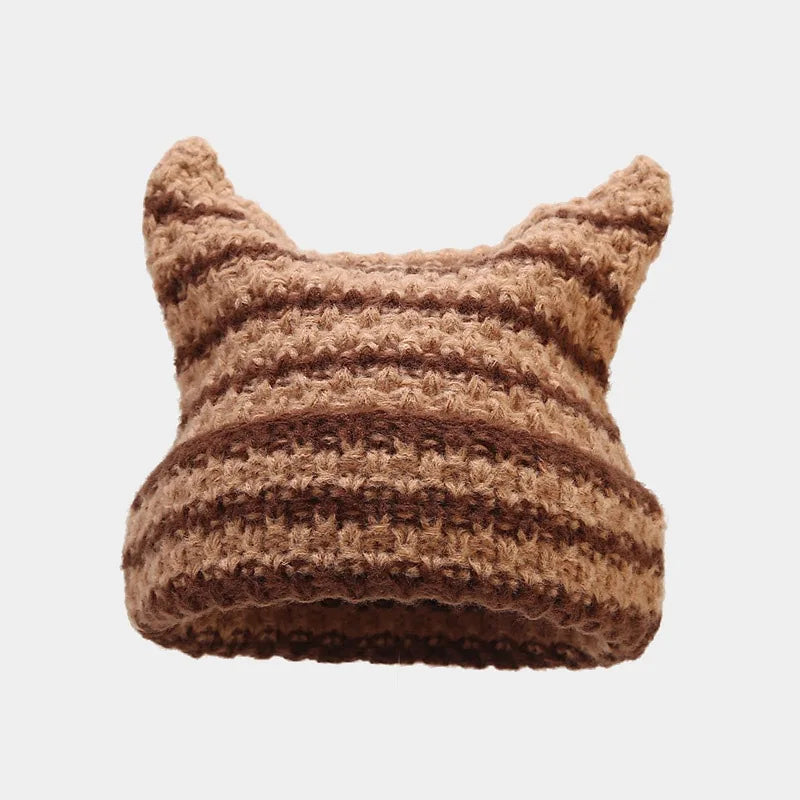 Gorro de punto a rayas, acogedor, con orejas de gato, esencial