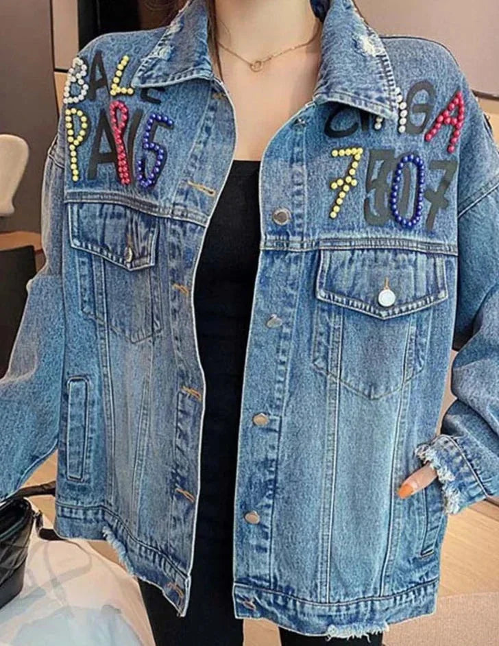 Whimsical Stitch – Dünne Jeansjacke für Damen mit Cartoon-Stickerei