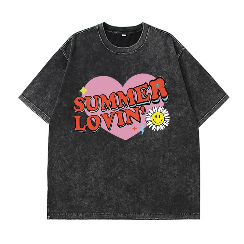 Camiseta vintage de algodón con lavado ácido para mujer