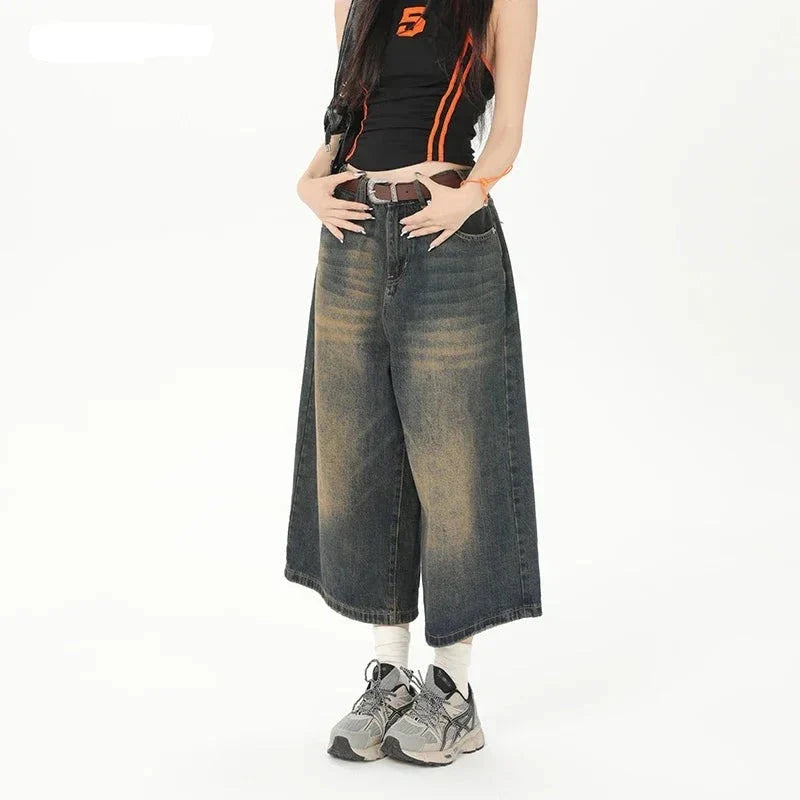 Vintage Streetwear Wide Leg Denim Shorts Y2K Fashion Loose Knee-Length Pants