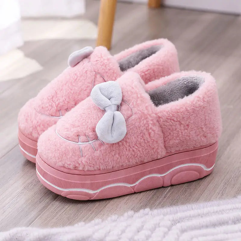 Pantuflas de invierno con plataforma de piel y lazo para mujer