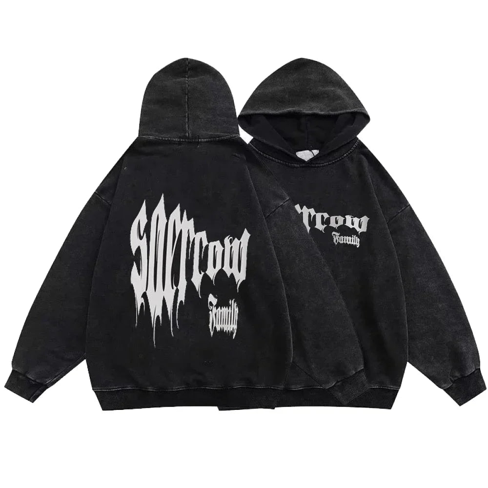 Verwaschener schwarzer Hoodie, Gothic-Baumwollpullover, Streetwear für Männer und Frauen