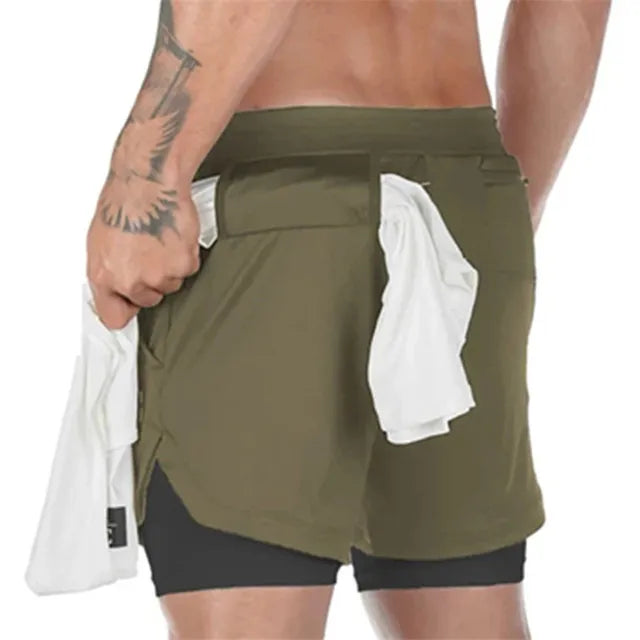 Pantalones cortos de secado rápido para fitness, running y entrenamiento 2 en 1 para hombre