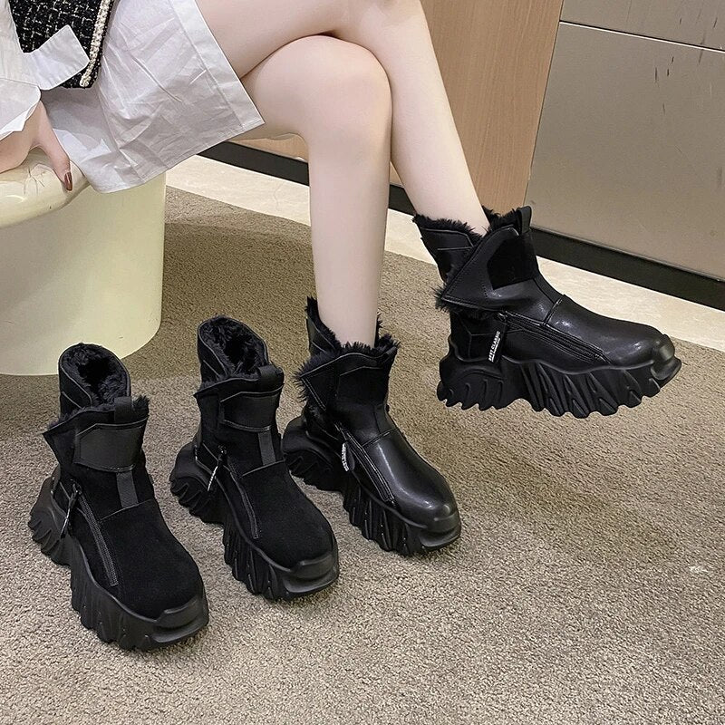 Suede Leather Platform Ankle Black Boots for Women