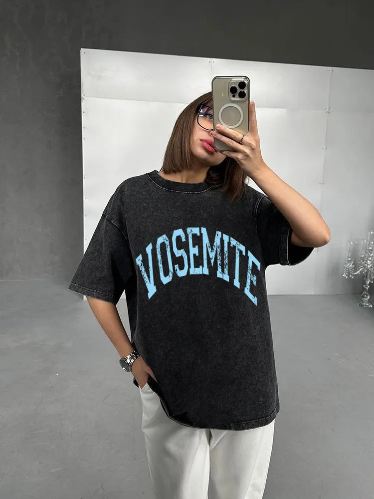 Camiseta vintage de algodón con lavado ácido para mujer