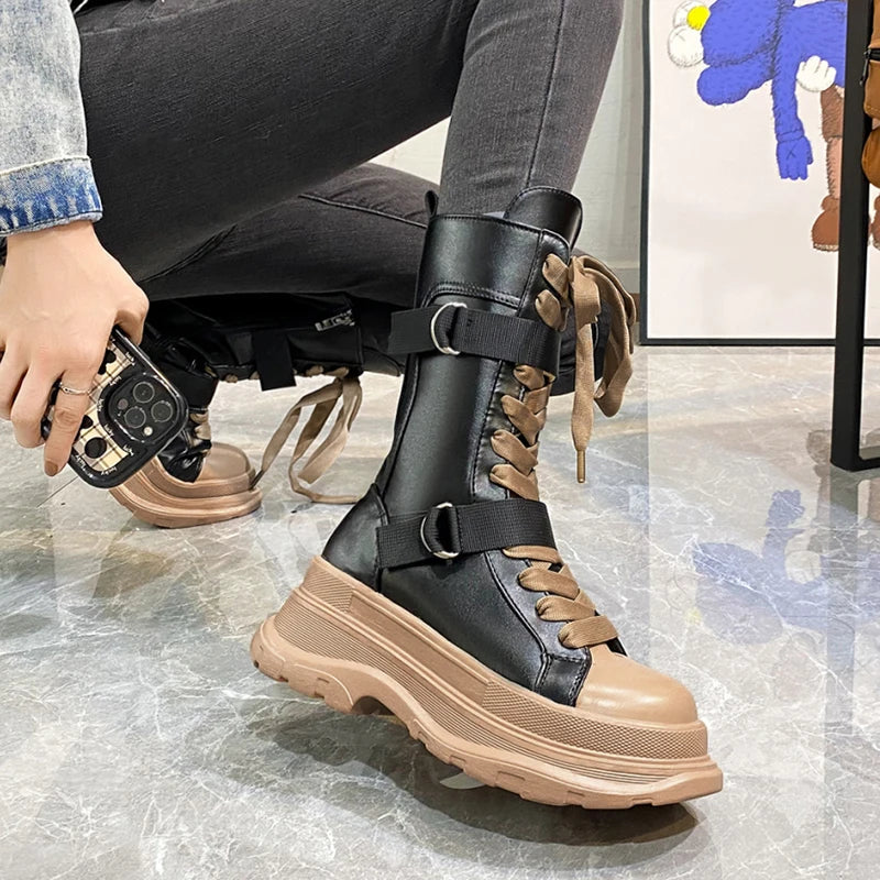 Botas de combate de media pantorrilla de cuero sintético con plataforma para mujer