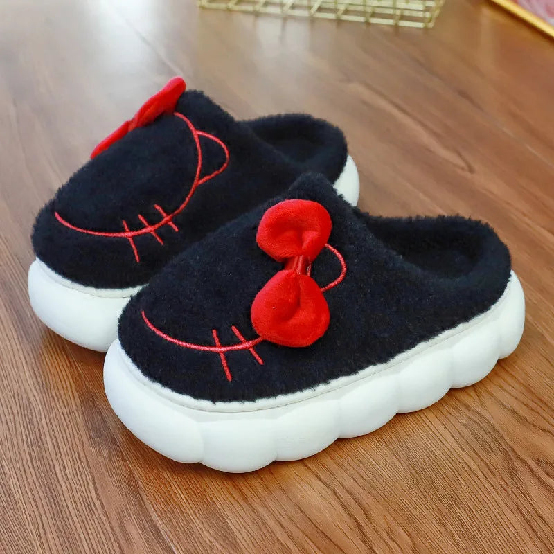 Winter Indoor Fur Platform Bowknot Slippers for Women