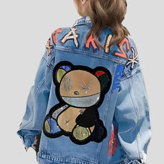 Whimsical Stitch – Dünne Jeansjacke für Damen mit Cartoon-Stickerei