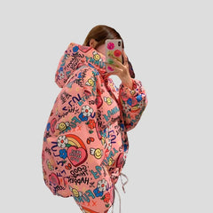 Stylish Teen Girl Bubble Graffiti Winter Jacket