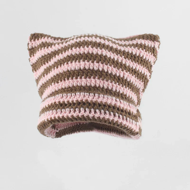 Knit Striped Beanie Cozy Headwear Cute Cat Ears Essential