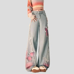 Pantalones vaqueros de pierna ancha con diseño de mariposa para mujer