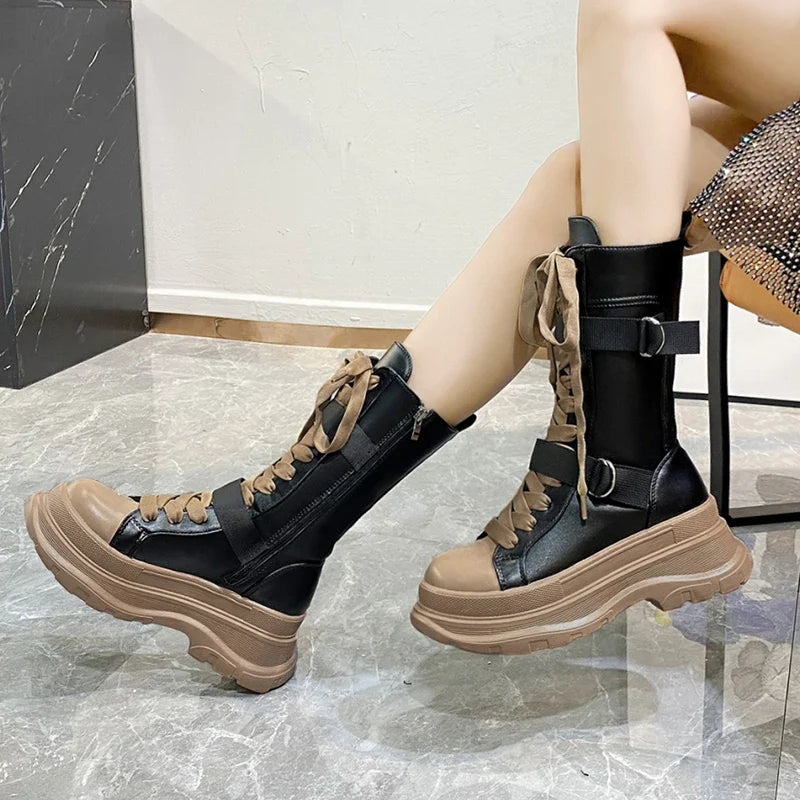 Botas de combate de media pantorrilla de cuero sintético con plataforma para mujer