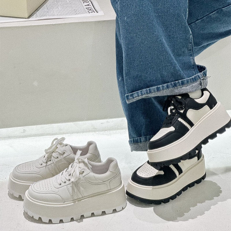 6 cm hohe Plateau-Sneakers aus echtem Leder für Damen