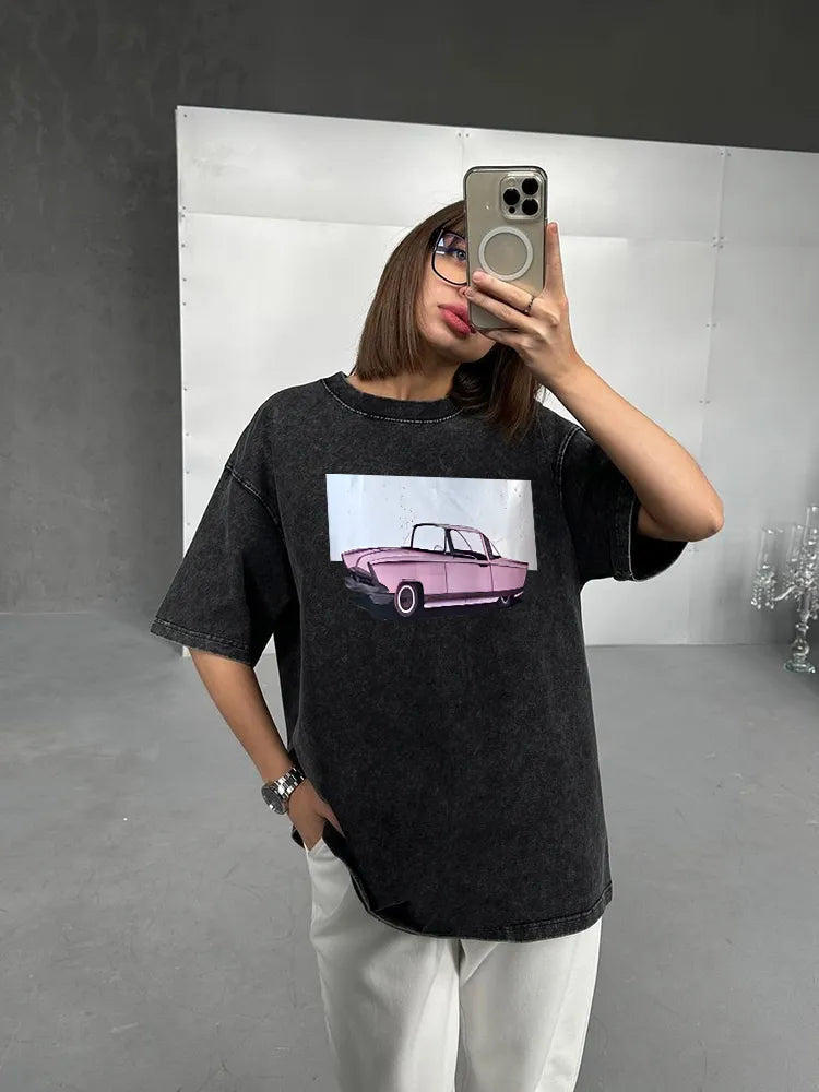 Camiseta vintage de algodón con lavado ácido para mujer