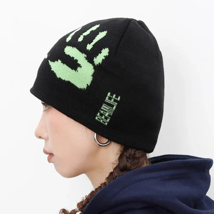 Gorro de punto con estampado gráfico de manos Y2K, estética urbana