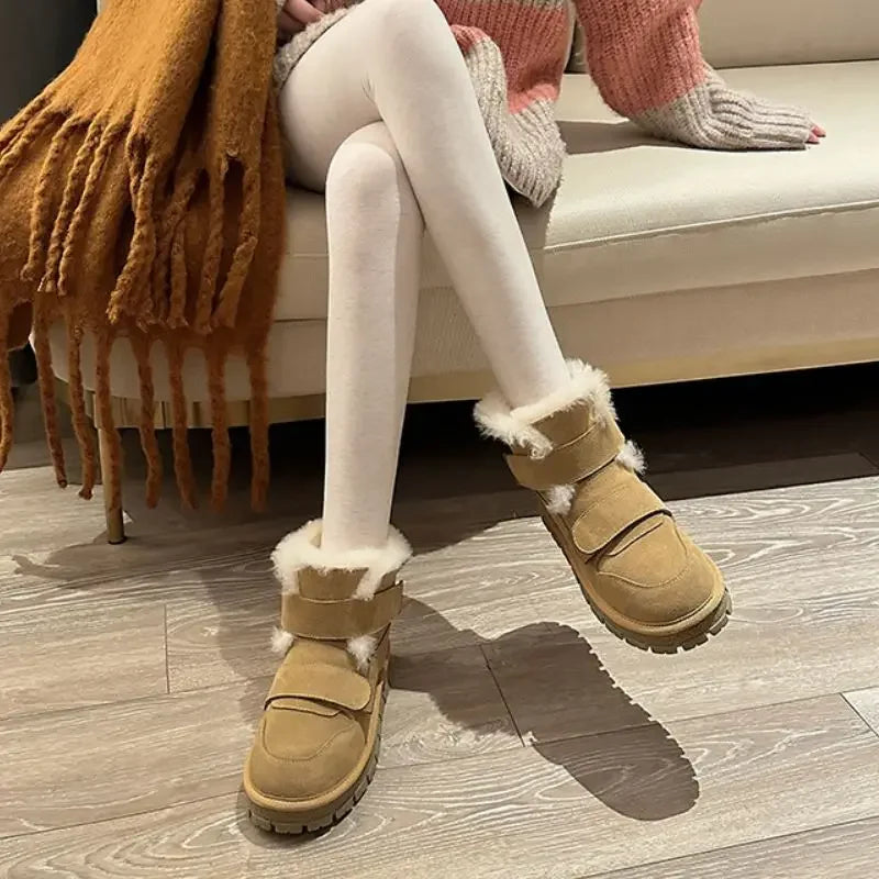 Botas de nieve de invierno de cuero con lana para mujer