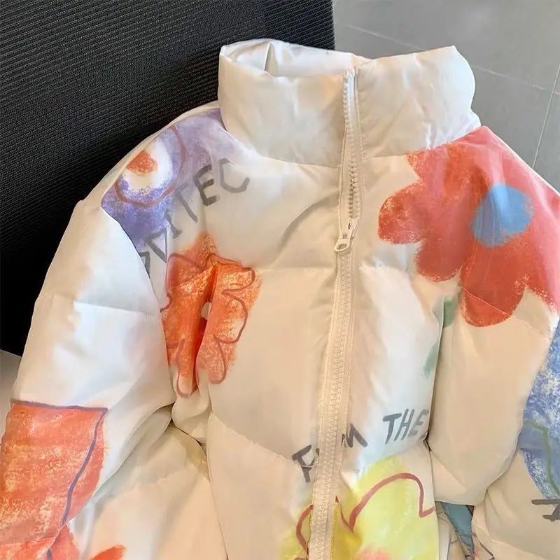 Chaqueta acolchada de invierno con flores pintadas a mano para adolescentes