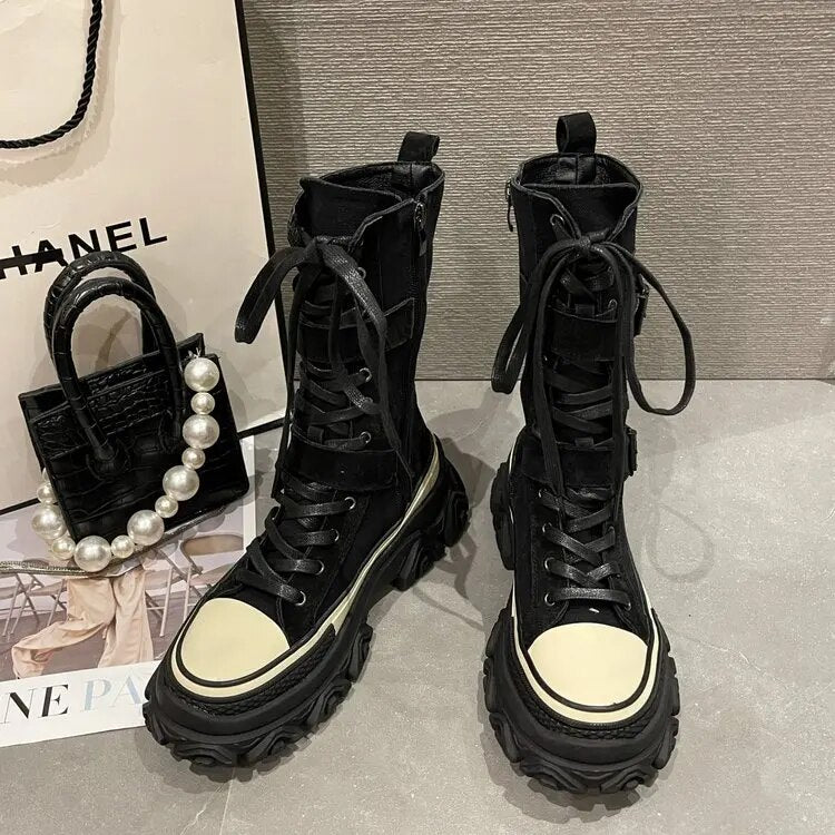 Botas de media pantorrilla de cuero estilo motociclista para mujer