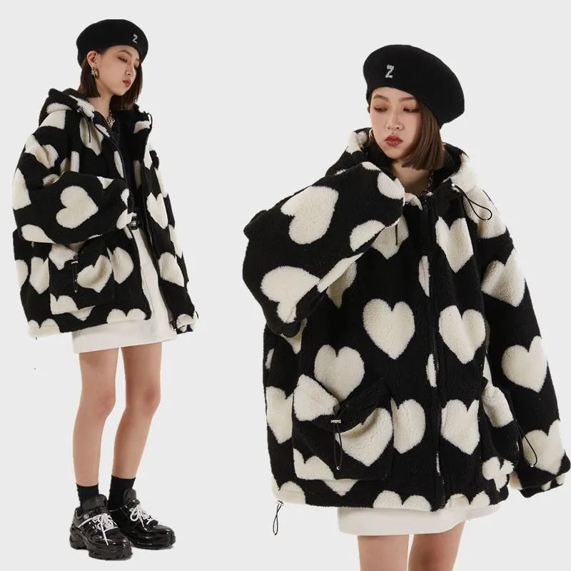 Student Hoodie Cotton Women's Hearts Print Fur Jacket