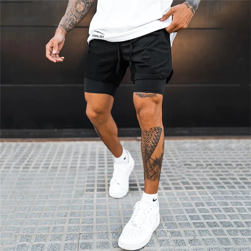 Pantalones cortos 2 en 1 de secado rápido para correr y hacer ejercicio para hombre