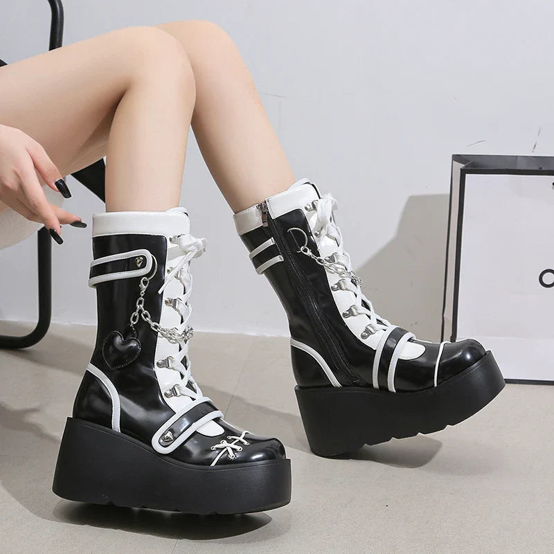 Botas de plataforma con cuña para mujer, estilo punk, estilo gótico en blanco y negro