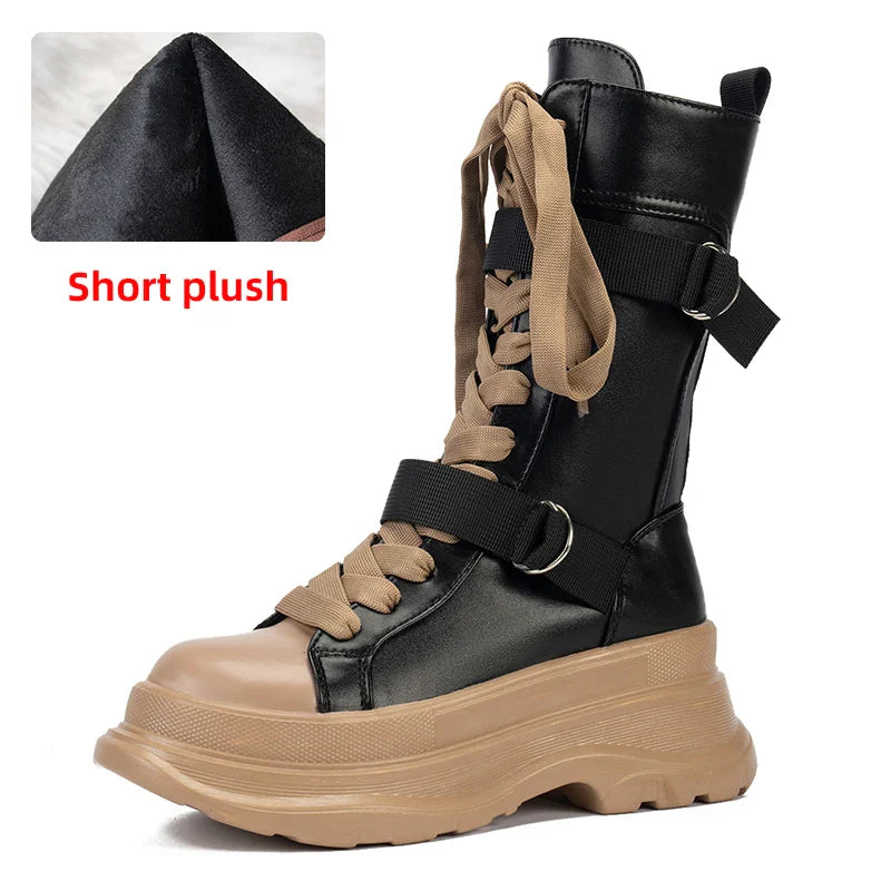 Plateaustiefel PU Leder Mid-Calf Combat für Damen