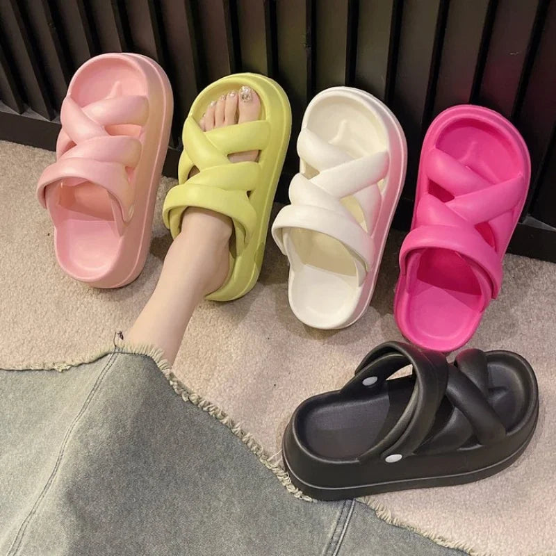 Slide Sandals Heightened with Crossover for Women