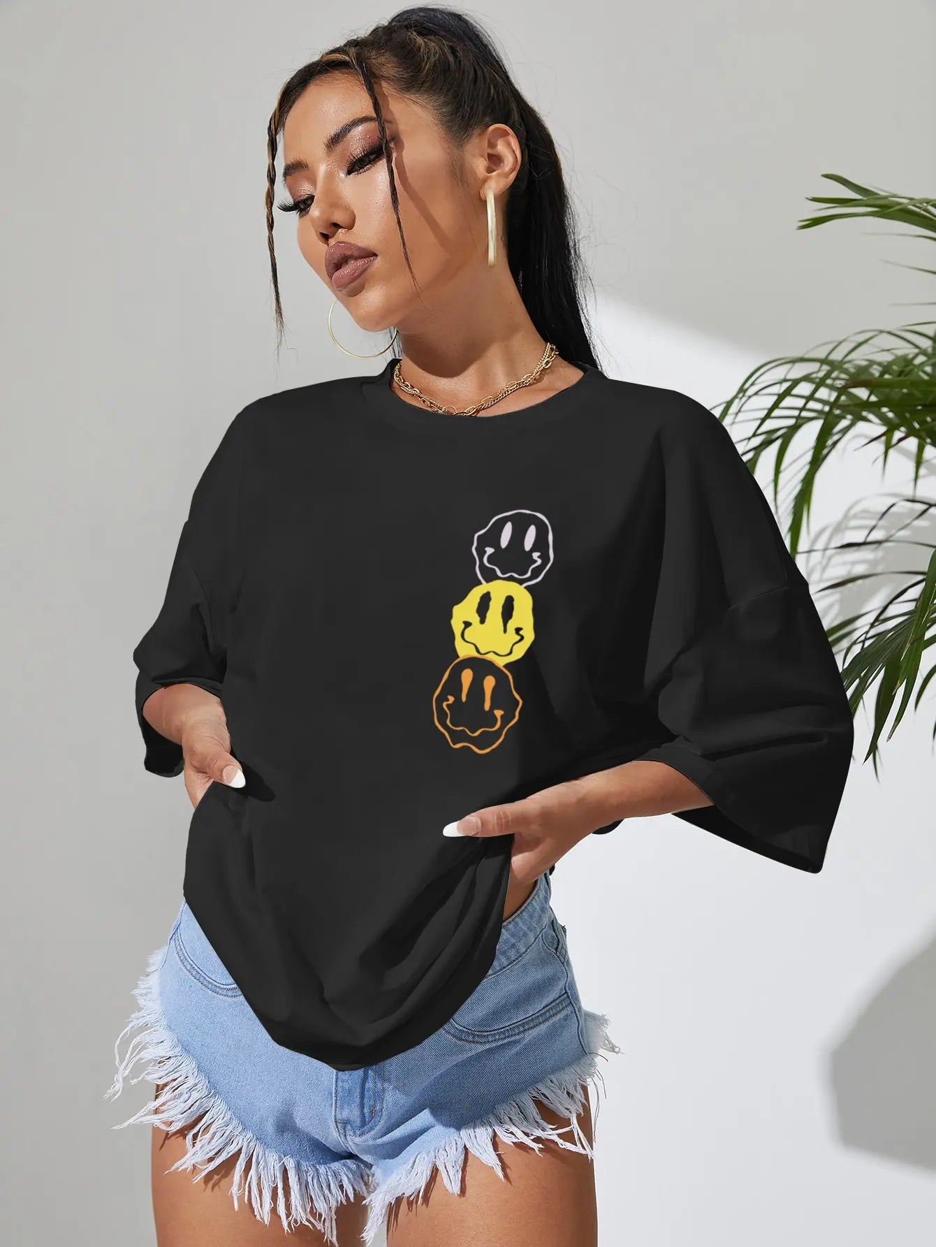 Camiseta de algodón de cuello redondo extragrande para mujer con estampado de cara triste