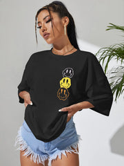 Camiseta de algodón de cuello redondo extragrande para mujer con estampado de cara triste