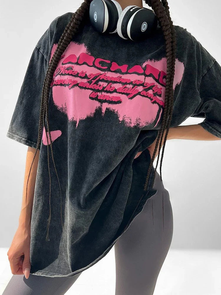 Camiseta vintage de algodón con lavado ácido para mujer