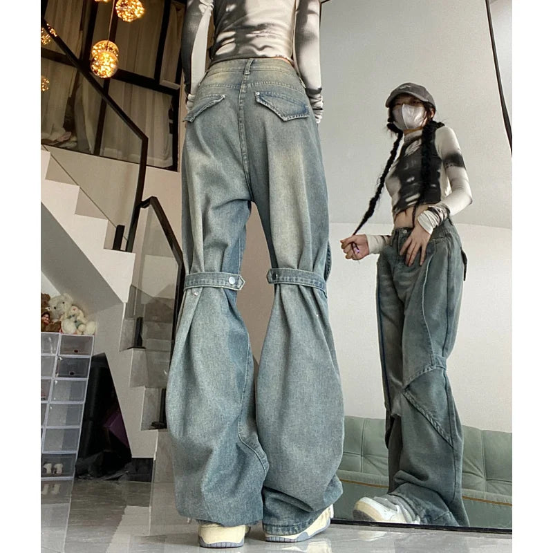 Baggy-Jeans in Blau mit hoher Taille und weitem Bein