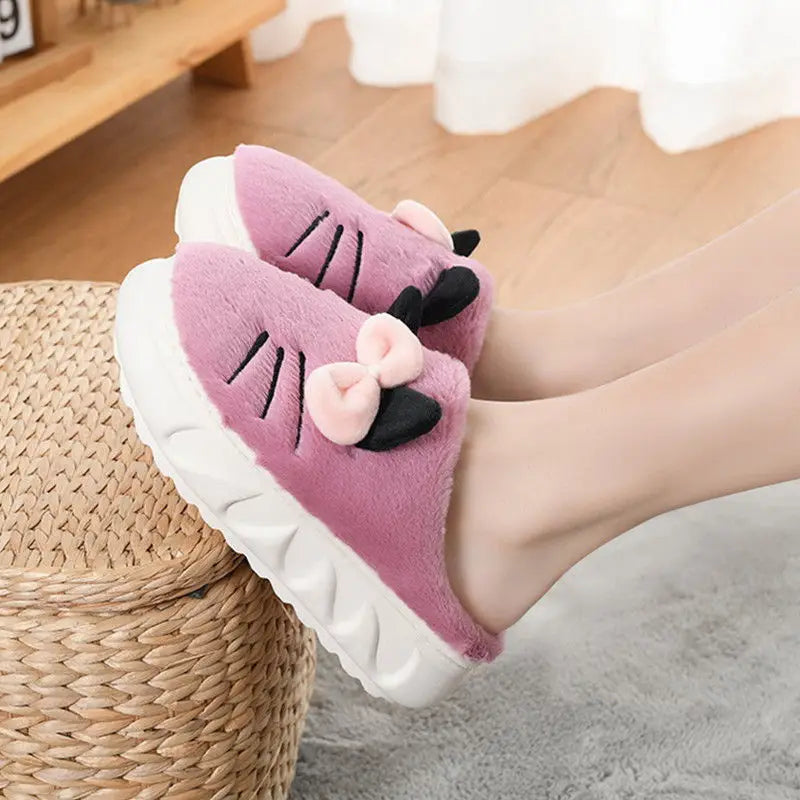 Pantuflas de invierno con plataforma de piel y lazo para mujer