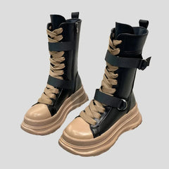 Plateaustiefel PU Leder Mid-Calf Combat für Damen