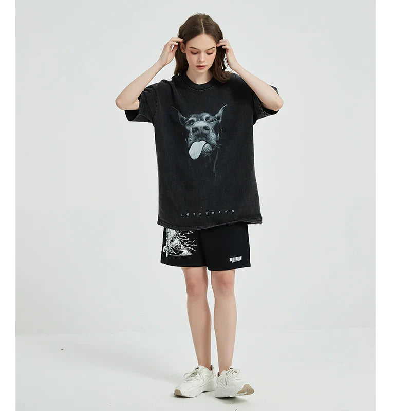Hip Hop Doberman Oversized Women's Washed Cotton T-shirt