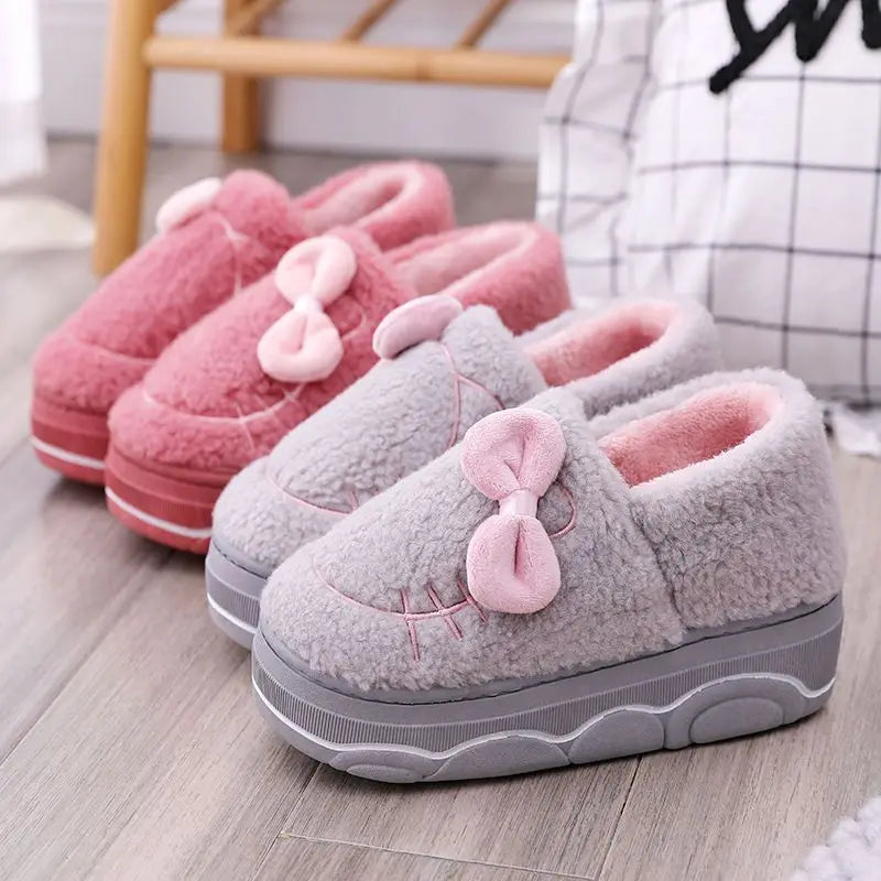 Winter Indoor Fur Platform Bowknot Slippers for Women