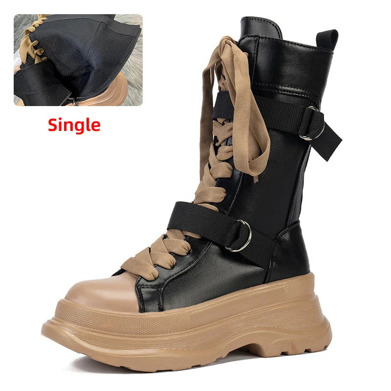 Plateaustiefel PU Leder Mid-Calf Combat für Damen