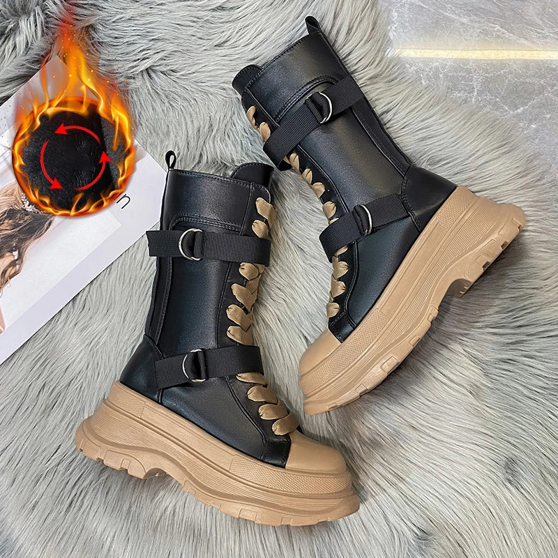 Plateaustiefel PU Leder Mid-Calf Combat für Damen