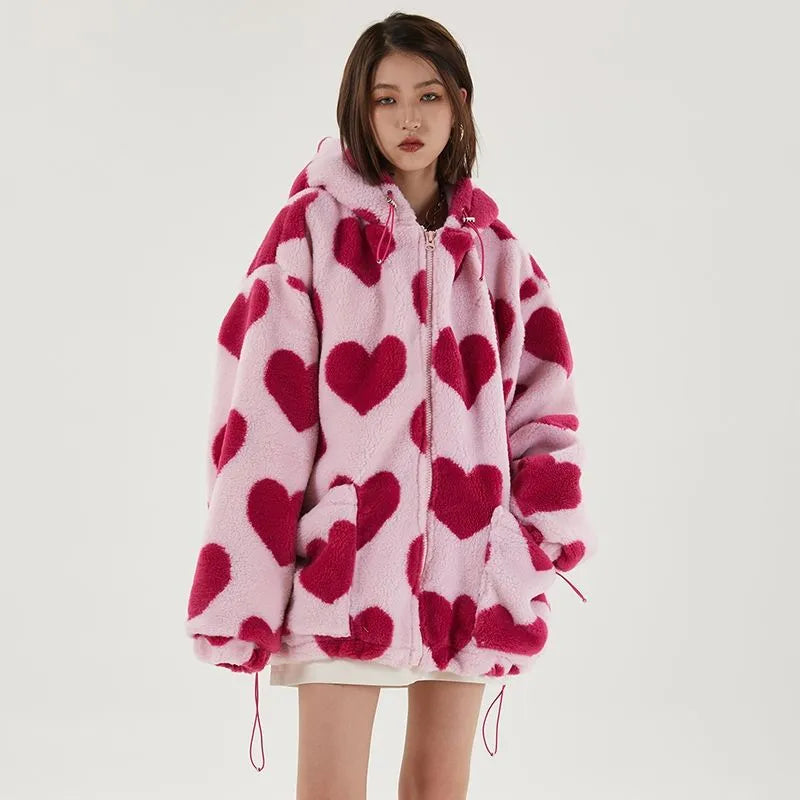 Chaqueta de piel con estampado de corazones para mujer, de algodón y sudadera con capucha para estudiantes