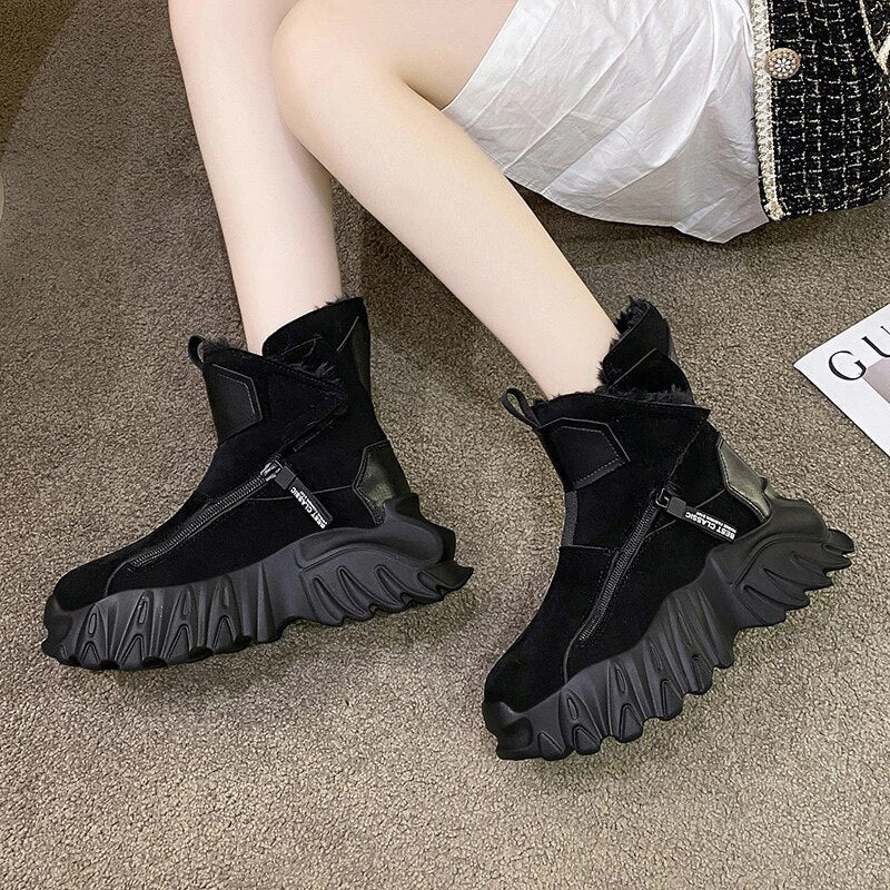 Suede Leather Platform Ankle Black Boots for Women