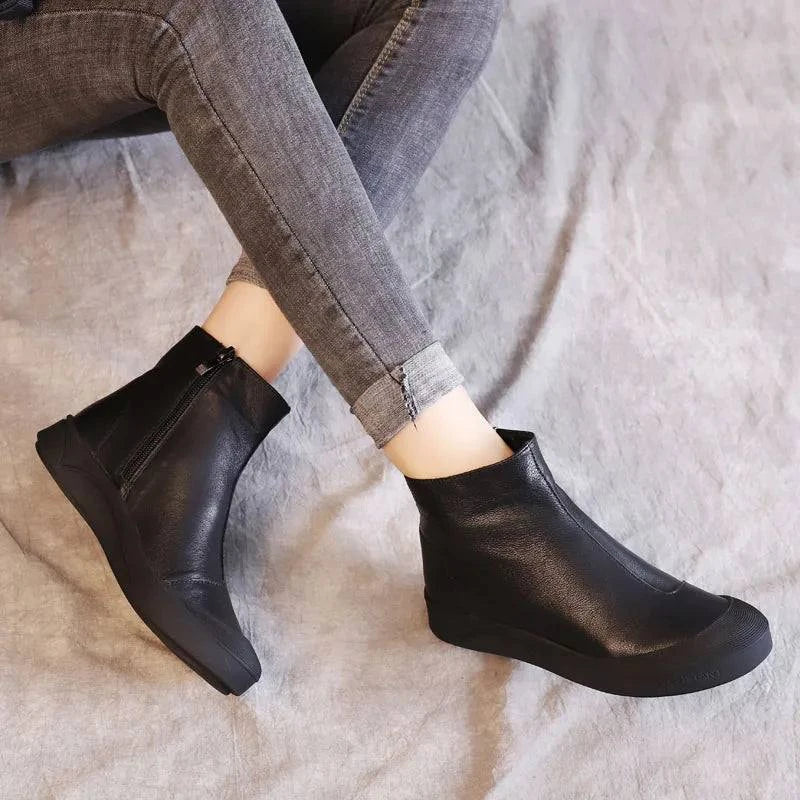 Flat Leather Ankle Black Boots for Women