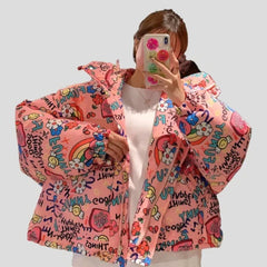 Stylish Teen Girl Bubble Graffiti Winter Jacket