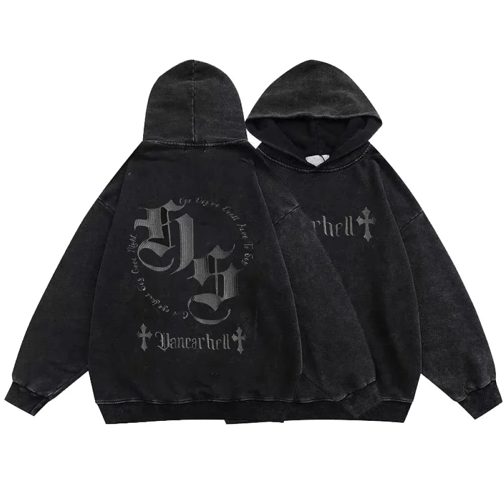 Verwaschener schwarzer Hoodie, Gothic-Baumwollpullover, Streetwear für Männer und Frauen