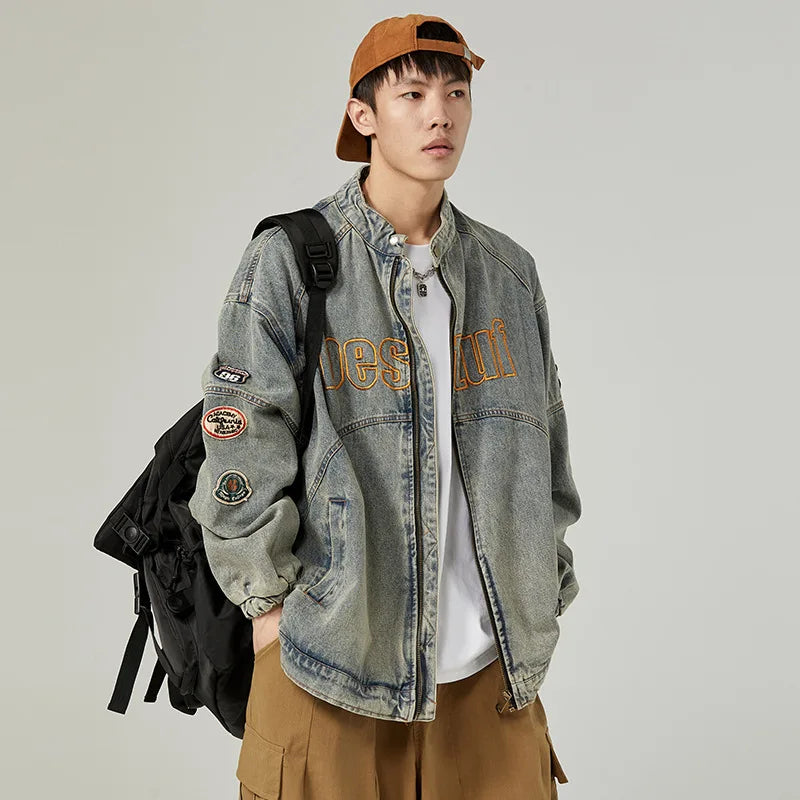 Men's Letter Embroidery, Baseball Varsity Denim Jacket