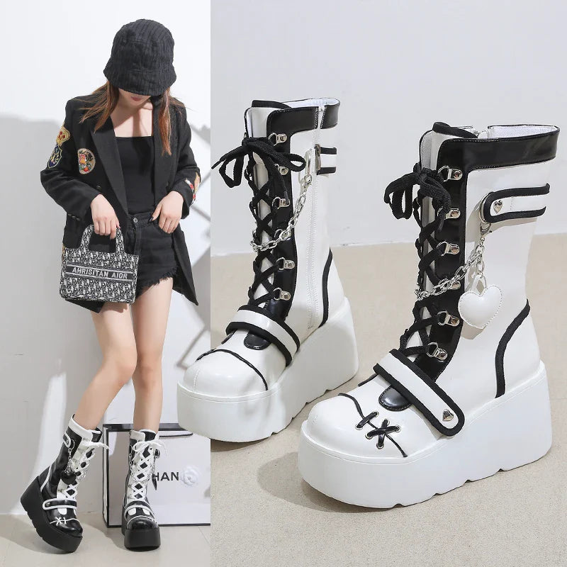 Botas de plataforma con cuña para mujer, estilo punk, estilo gótico en blanco y negro