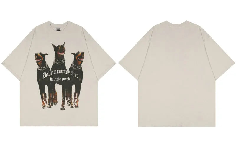 Camiseta de algodón con estampado de dóberman de gran tamaño para hombre