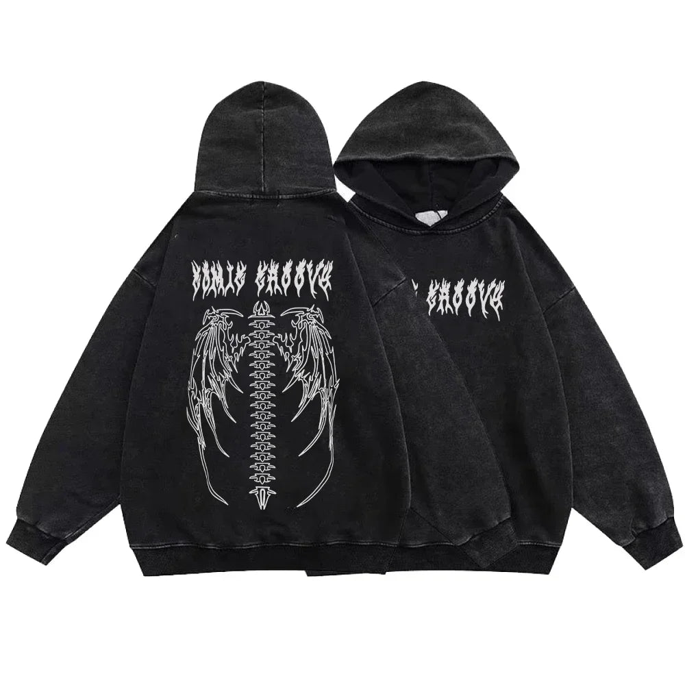 Verwaschener schwarzer Hoodie, Gothic-Baumwollpullover, Streetwear für Männer und Frauen