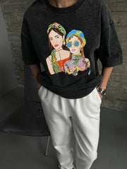 Camiseta vintage de algodón con lavado ácido para mujer